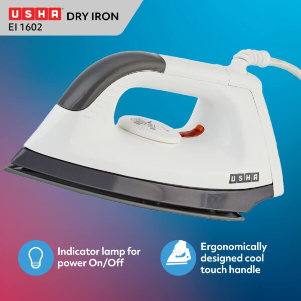 Usha 1000W Dry Iron (EI 1602) with non-stick soleplate and adjustable temperature control