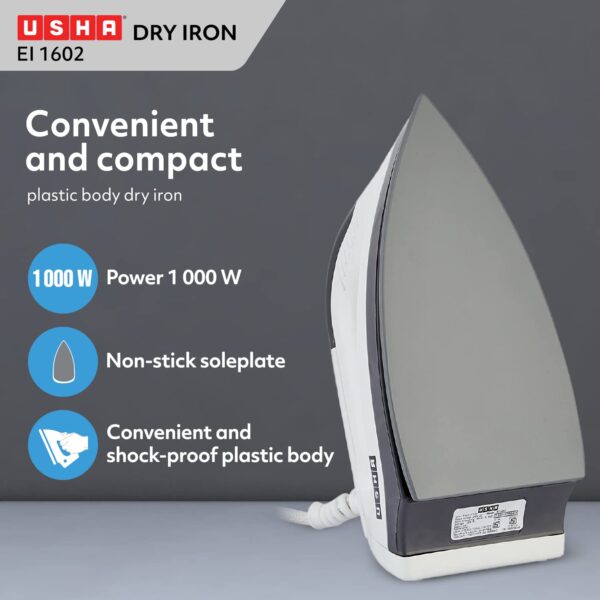 Usha 1000W Dry Iron (EI 1602) with non-stick soleplate and adjustable temperature control