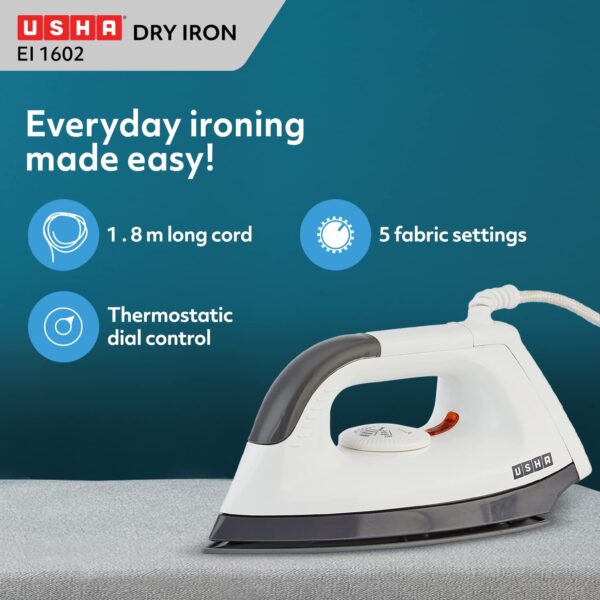 Usha 1000W Dry Iron (EI 1602) with non-stick soleplate and adjustable temperature control